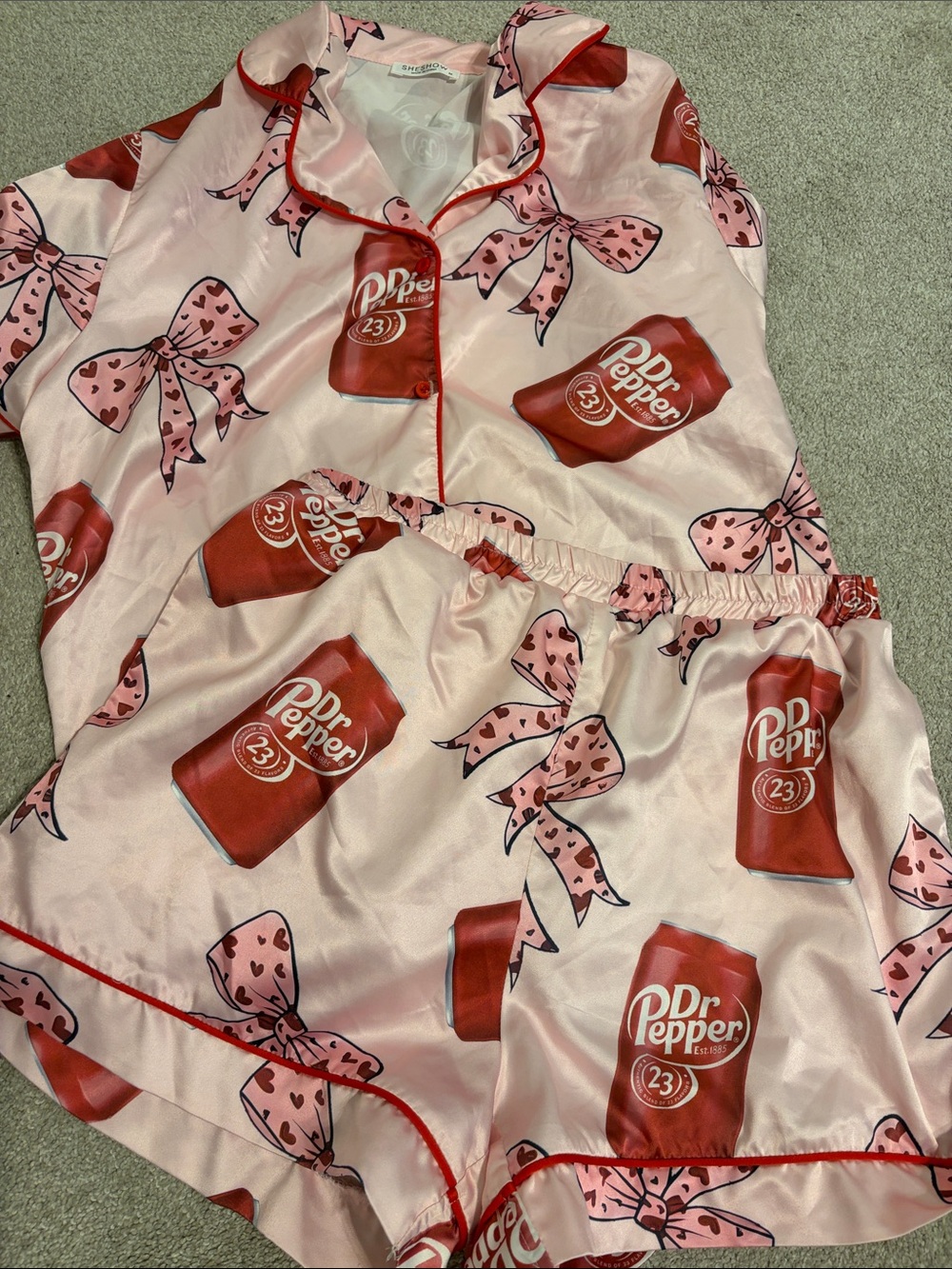 Pink Satin Women’s Dr. Pepper Pajama Set with Bow Print